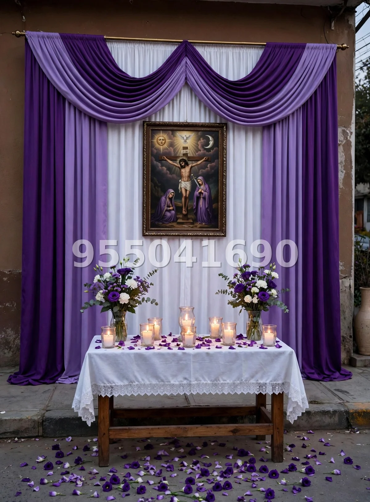 Fondo de altar Señor de los Milagros diseño 53: con caída en ondas y marco dorado