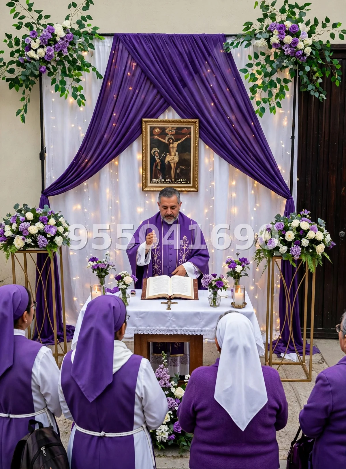 Fondo de altar Señor de los Milagros diseño 55: con arreglos florales en las esquinas superiores