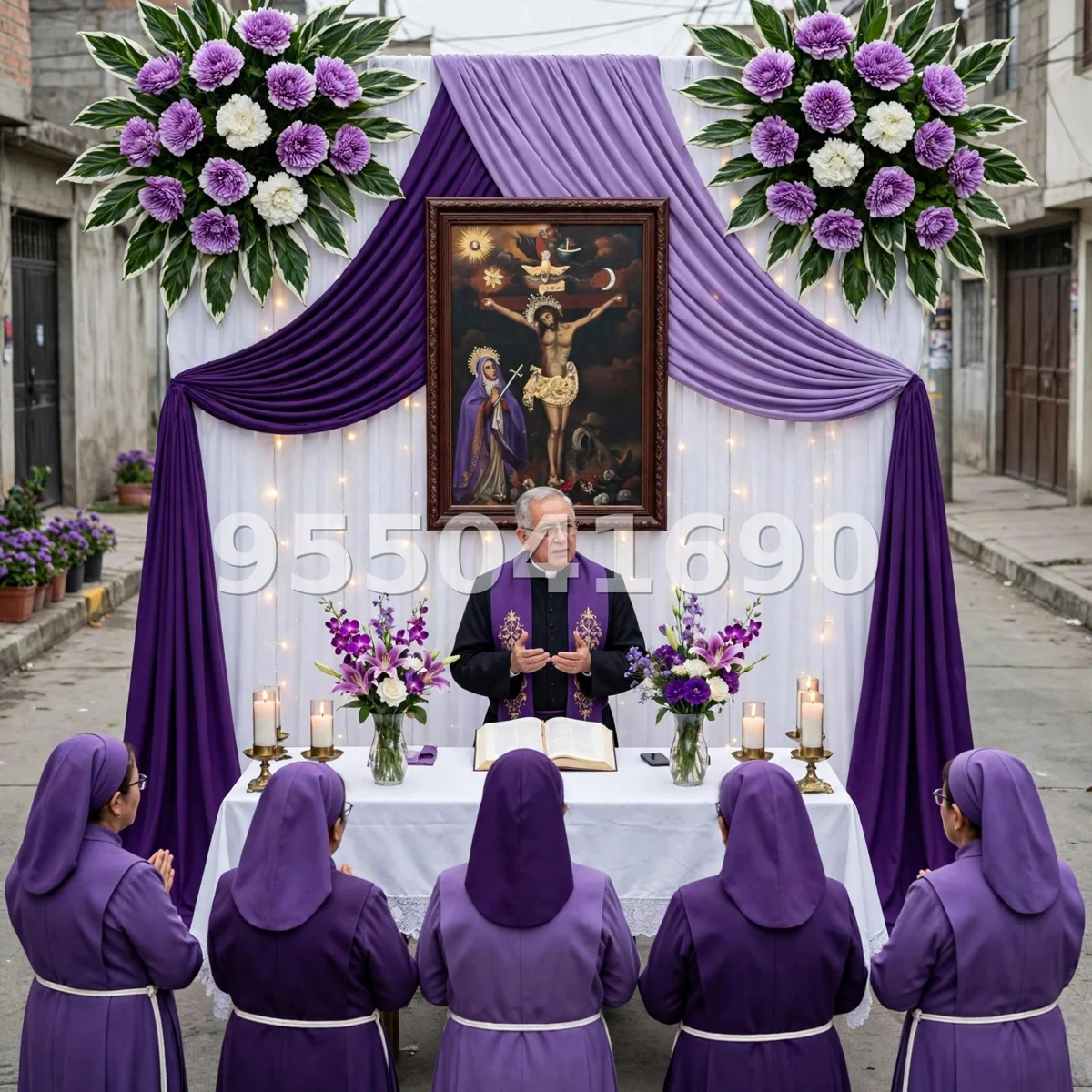 Fondo de altar Señor de los Milagros diseño 58: con drapeado clásico en morado predominante