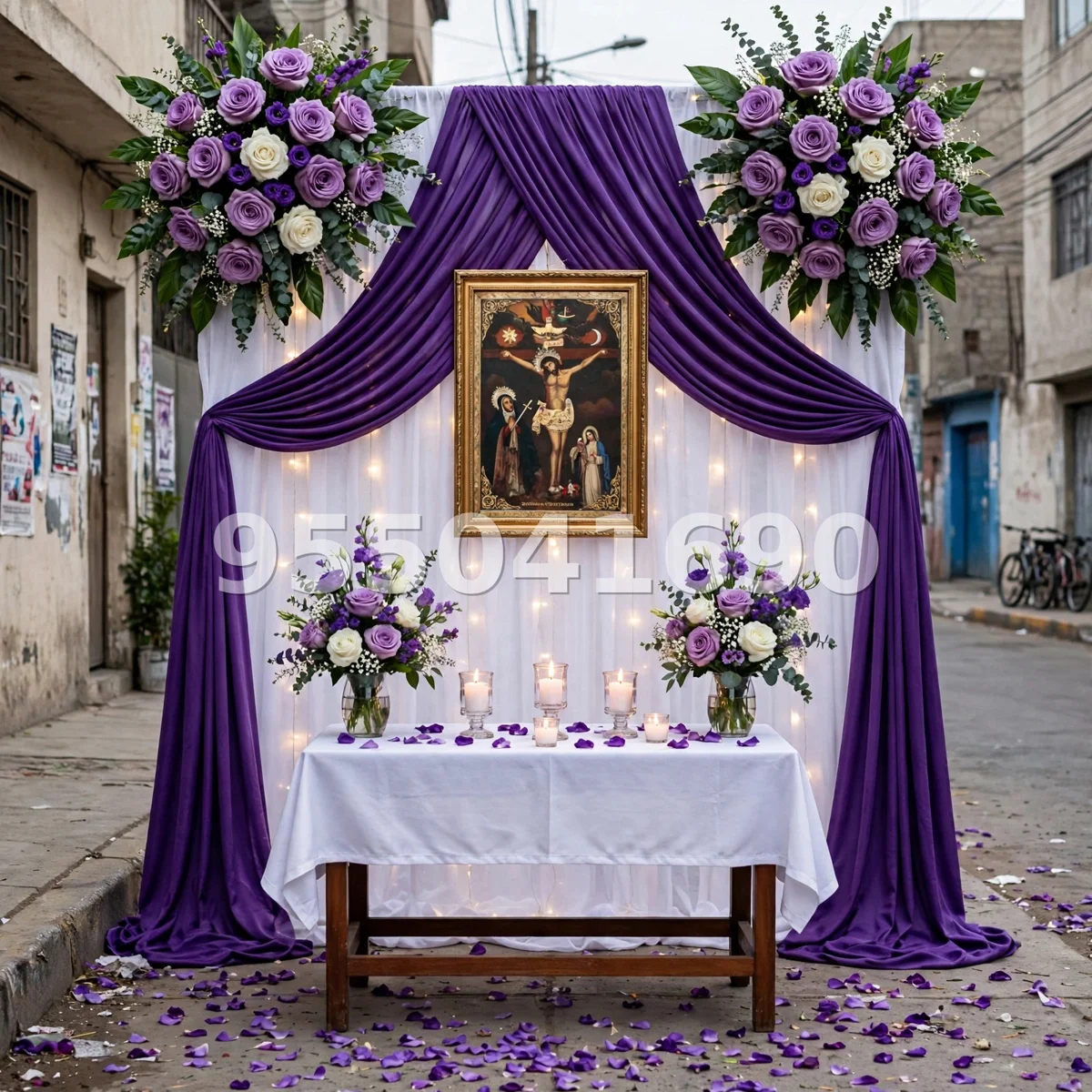 Fondo de altar Señor de los Milagros diseño 58: con drapeado clásico en morado predominante