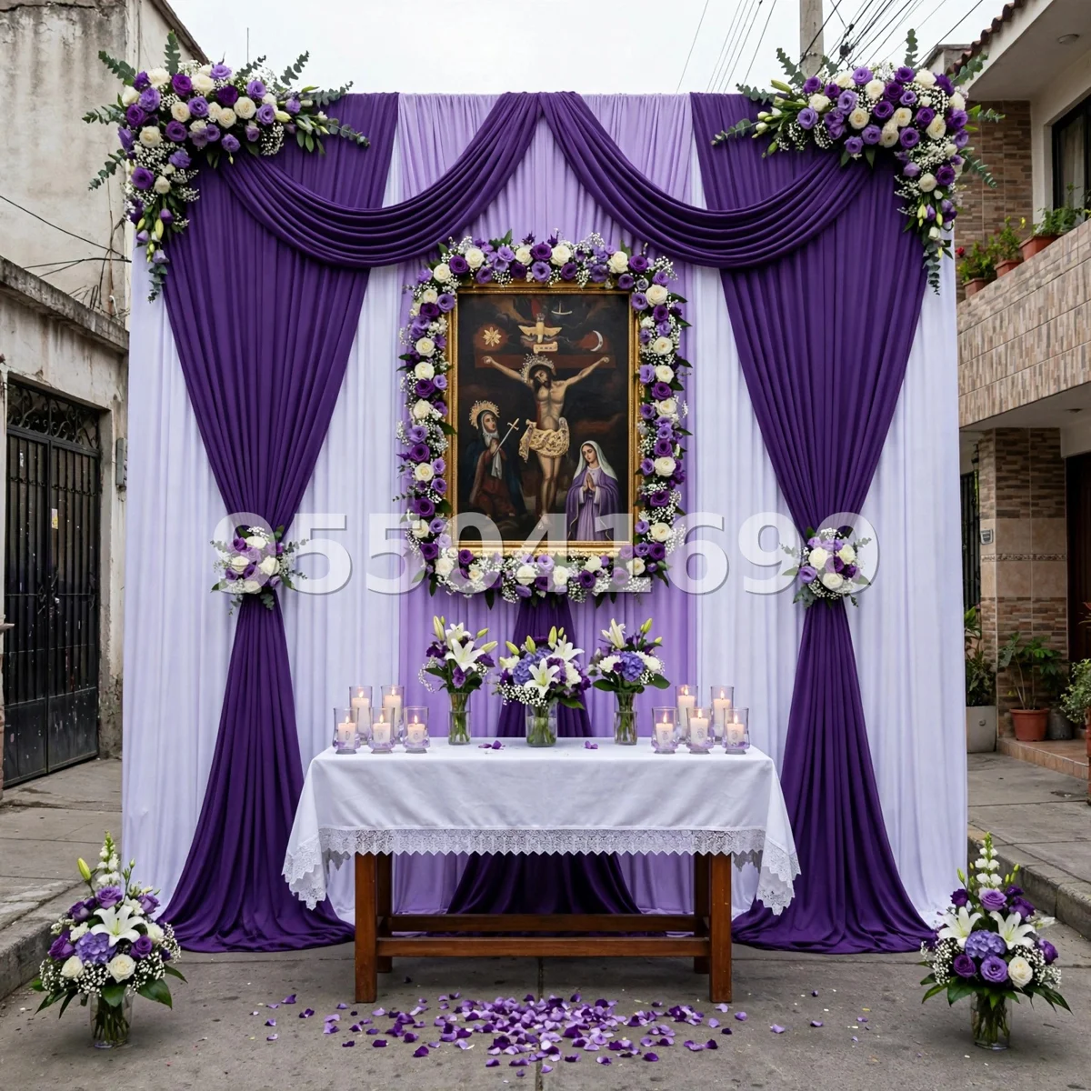 Fondo de altar Señor de los Milagros diseño 60: en morado de dos tonos, con el cuadro al centro