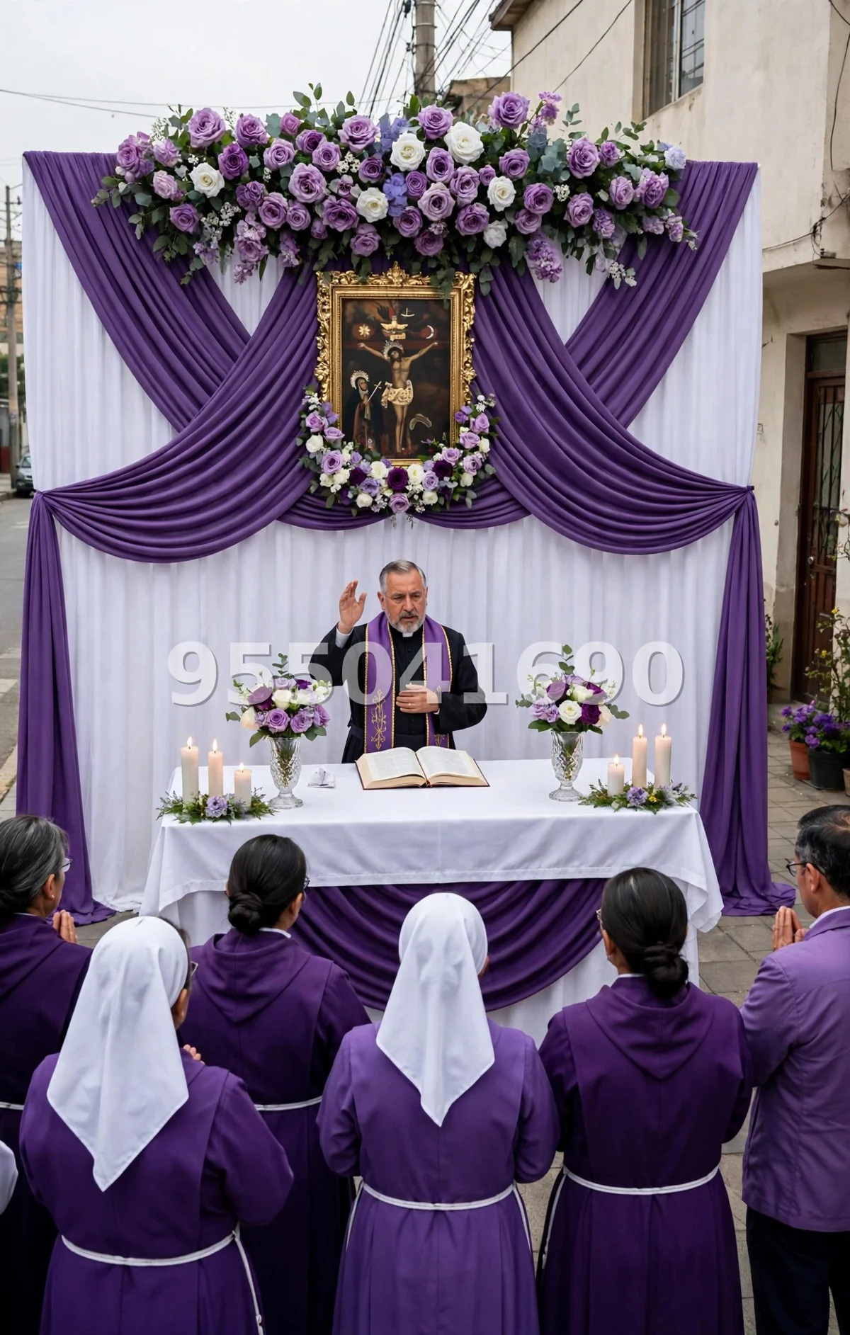 Fondo de altar Señor de los Milagros diseño 61: con telas cruzadas en X en morado y blanco