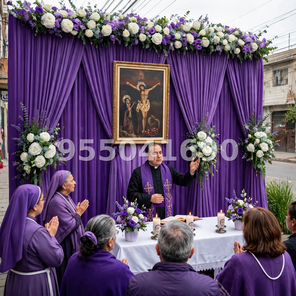 Fondo de altar Señor de los Milagros diseño 62: con guirnalda floral sobre las telas y tres floreros