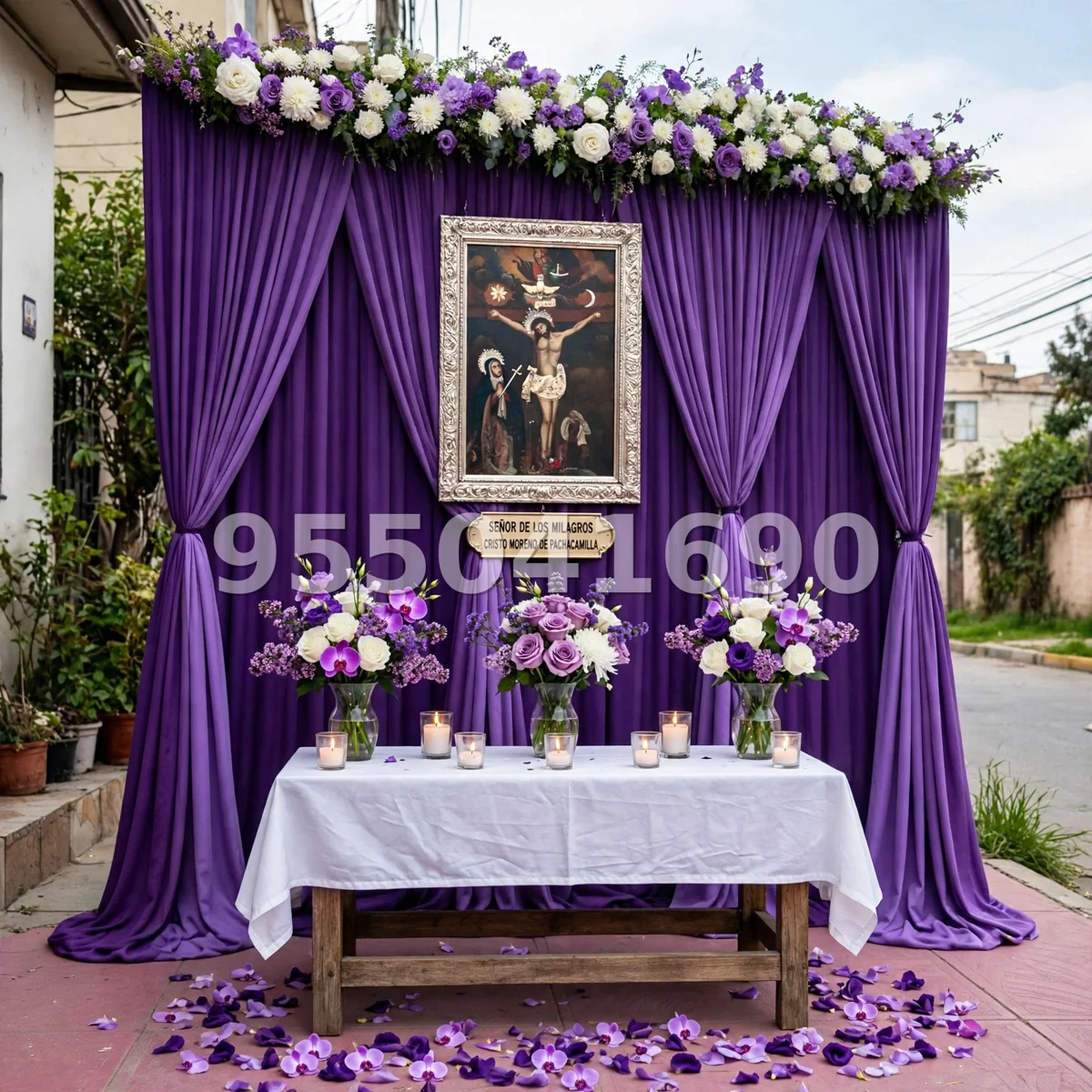 Fondo de altar Señor de los Milagros diseño 62: con guirnalda floral sobre las telas y tres floreros