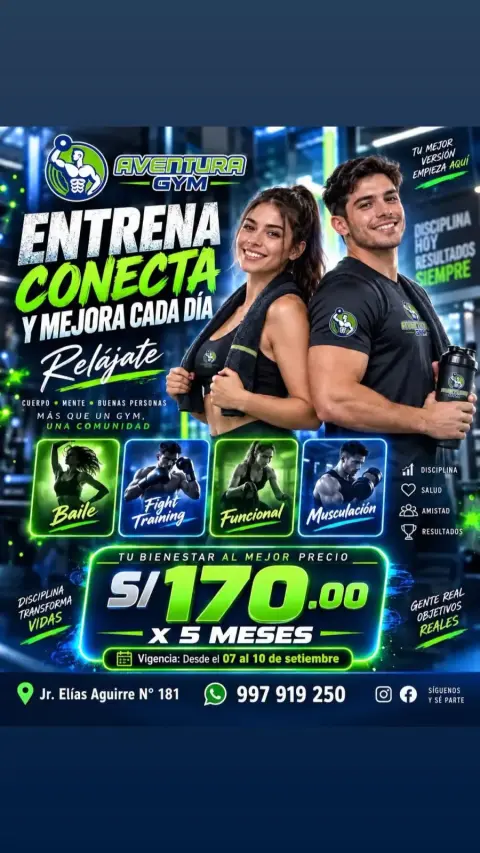 Gimnasio Aventura Gym Chimbote: musculación, funcional, fight training y clases de baile en Jr. Elías Aguirre 181, Chimbote