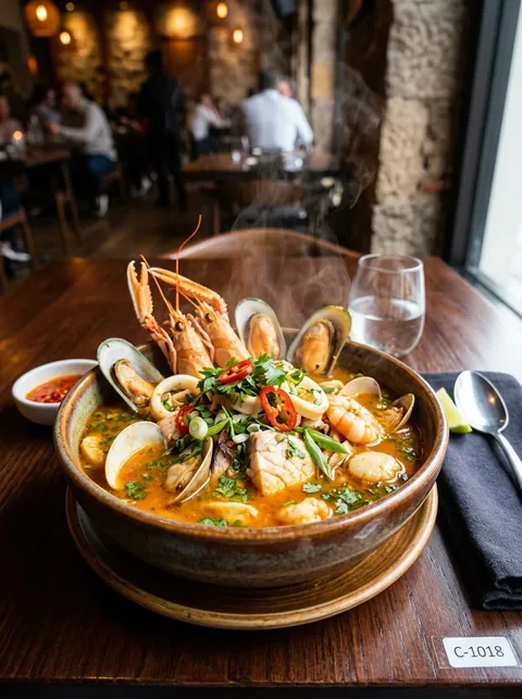 Parihuela de mariscos bien caliente y cargada