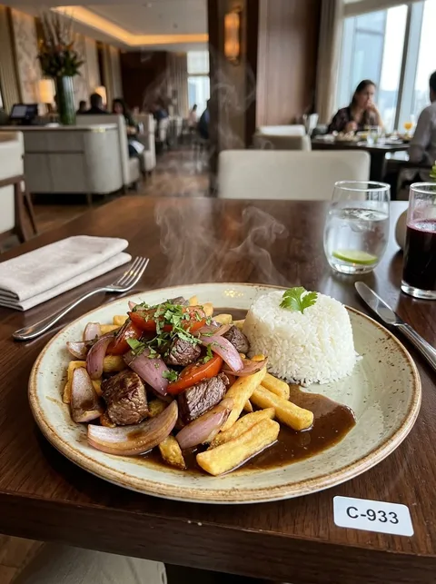 Lomo saltado tradicional con arroz papas