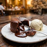 Volcán de chocolate con helado de vainilla