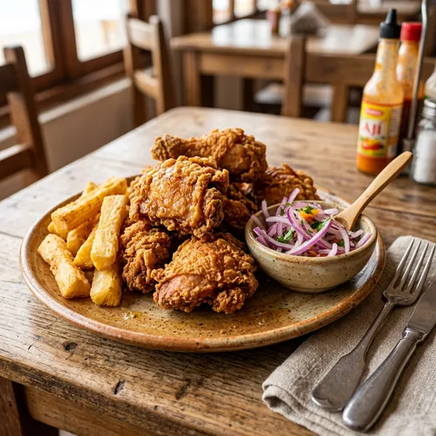 Chicharrón de pollo con papas y ensalada