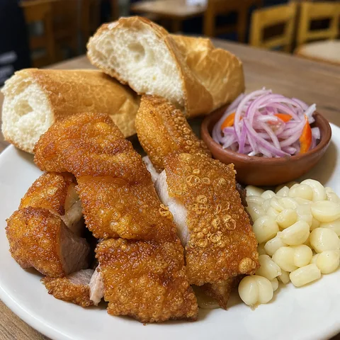 Sánguche de chicharrón con salsa criolla