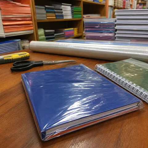 Cuadernos escolares forrados con etiqueta personalizada