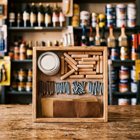 Kit de reparación de muebles: pegamento, tarugos y tornillos