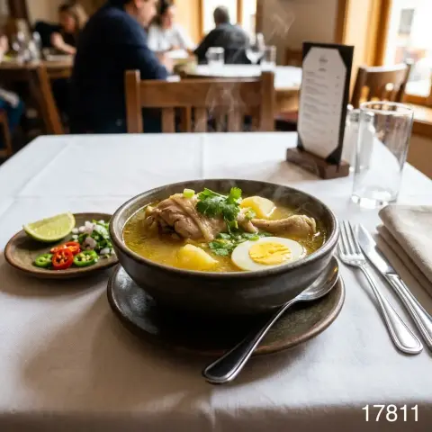 Caldo de gallina con presas, huevo y pan