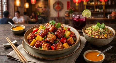 Sopa wantán con chaufa de pollo con tamarindo