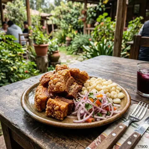 Chicharrón de chancho con mote y camote