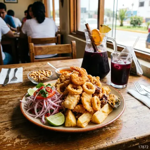 Jalea mixta de mariscos con yuca y salsa criolla