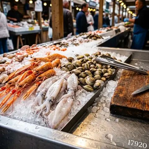 Mostrador de mercado con mariscos frescos sobre hielo: langostinos, calamares y conchas