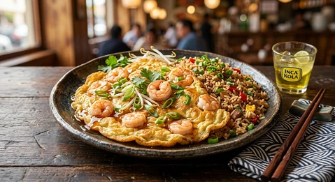 Sopa wantán con chaufa de tortilla de langostino