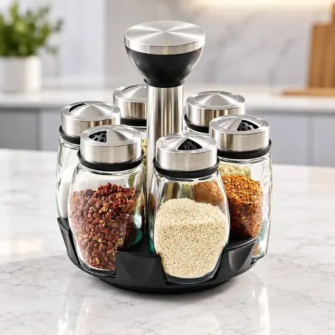 Especiero giratorio de 7 piezas con 6 frascos de vidrio (SPICE RACK SET)