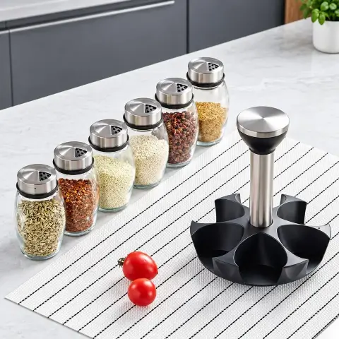 Especiero giratorio de 7 piezas con 6 frascos de vidrio (SPICE RACK SET)
