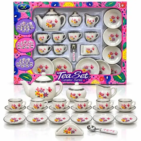 Juego de té de cerámica completo — tetera, tazas y platillos (regalo)