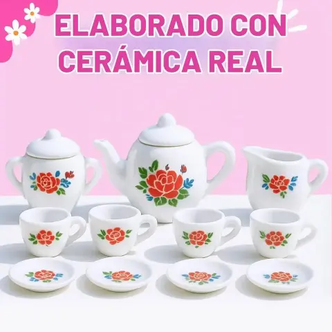 Juego de té de cerámica completo — tetera, tazas y platillos (regalo)