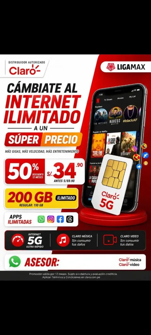 Plan Claro 225 GB ilimitado — S/ 39.90 al mes