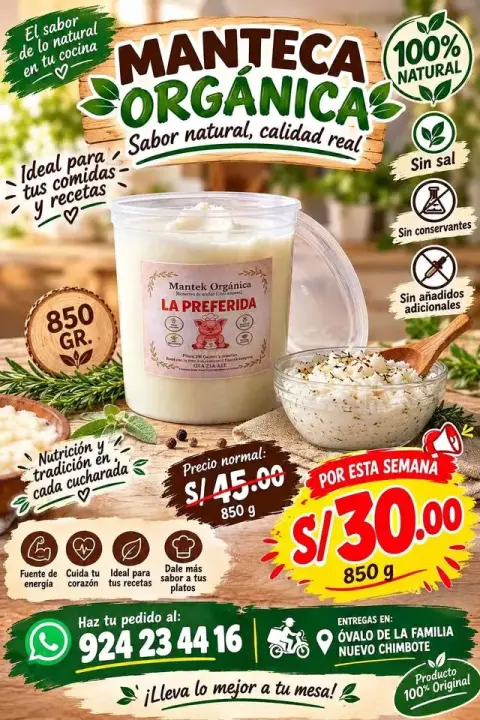 Manteca orgánica de cerdo artesanal de 850 g