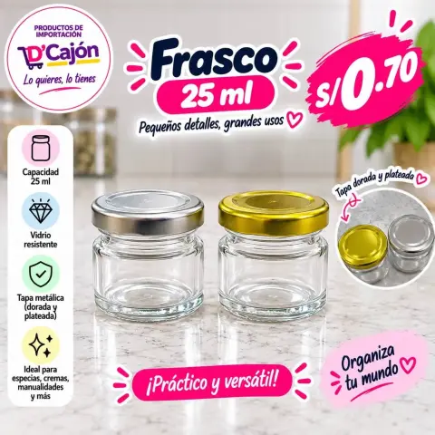 Frasco de vidrio de 25 ml con tapa metálica dorada
