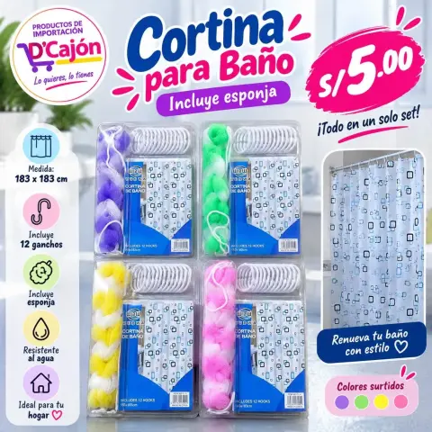 Cortina de baño 183x183 cm con 12 ganchos