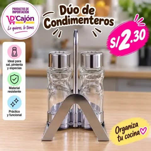 Dúo de condimenteros de vidrio con soporte de acero