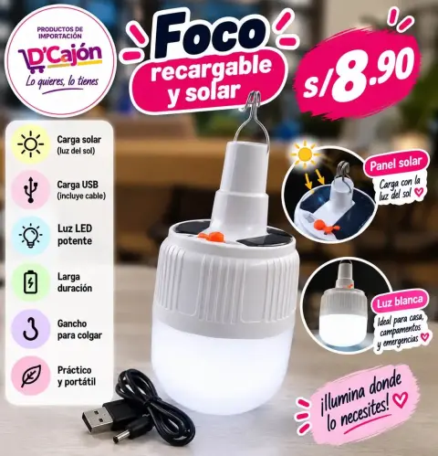 Foco LED recargable y solar