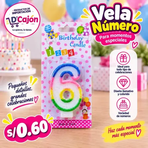 Vela de cumpleaños número 6 con escarcha y colores vivos