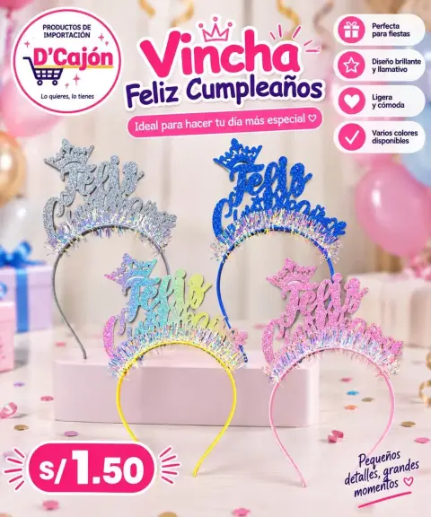Vincha de cumpleaños con corona y glitter, diseños surtidos