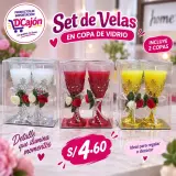 Set de 2 velas en copa de vidrio con rosas y perlitas