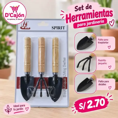 Set de 3 herramientas de jardinería con mango de madera