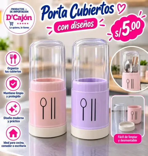 Porta cubiertos de plástico con tapa, rosa y lila