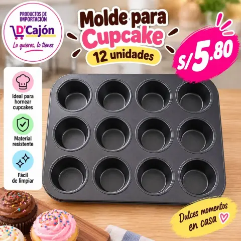 Molde para cupcake de 12 unidades, metal negro