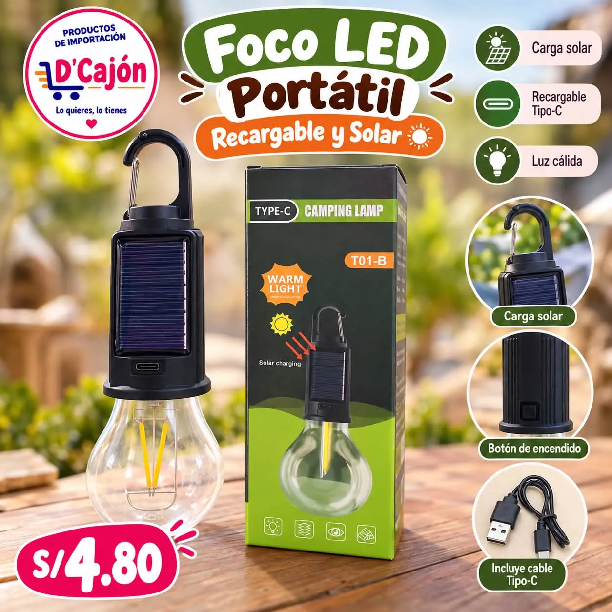 Foco LED portátil recargable y solar T01-B