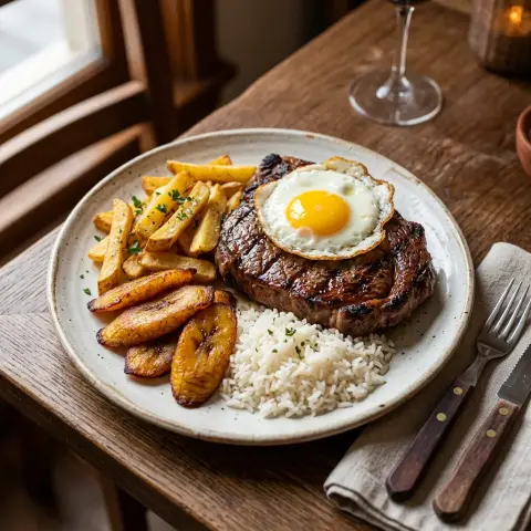 Bife a lo pobre con huevo, plátano y tajadas