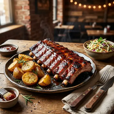 Costillas de cerdo BBQ con papas rústicas