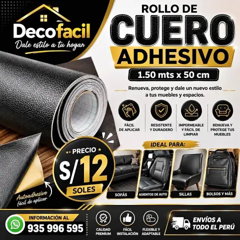 Rollo de cuero sintético adhesivo (cuerina) 1.50 m × 50 cm — para forrar muebles y asientos