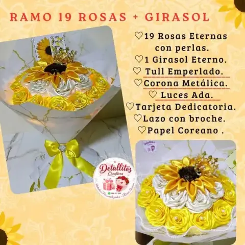 Ramo de 19 rosas eternas + girasol eterno