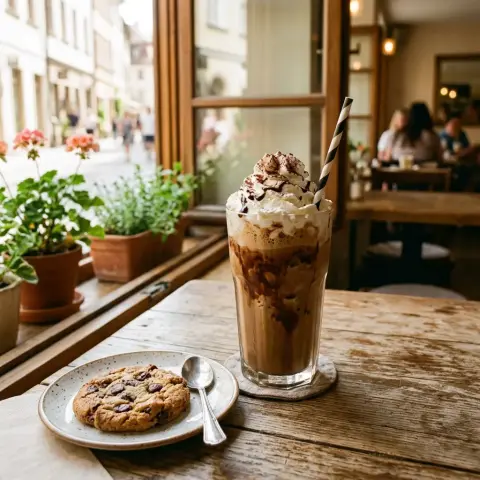 Frappé de café con crema chantilly y galleta