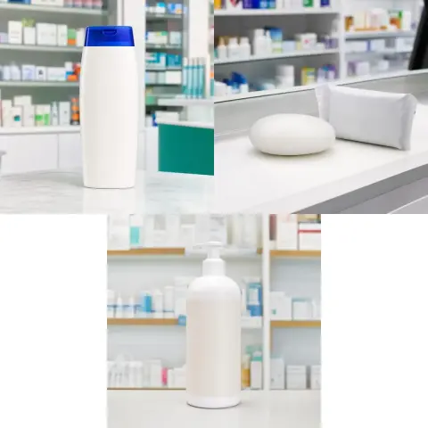 Set de cuidado personal: shampoo, jabón y crema corporal