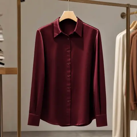 Blusa de seda manga larga color vino tinto