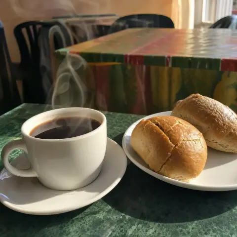 Bebida caliente con pan fresco
