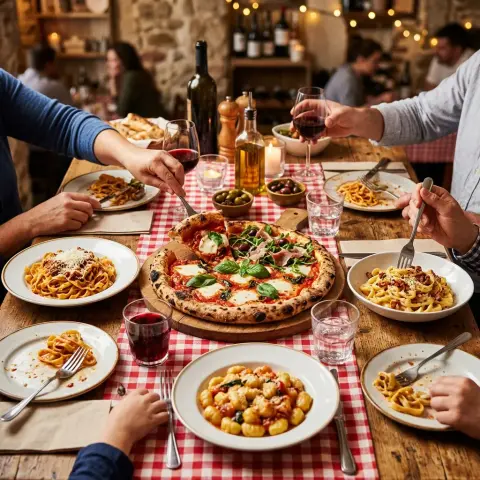 Cena en familia con pizza y pastas