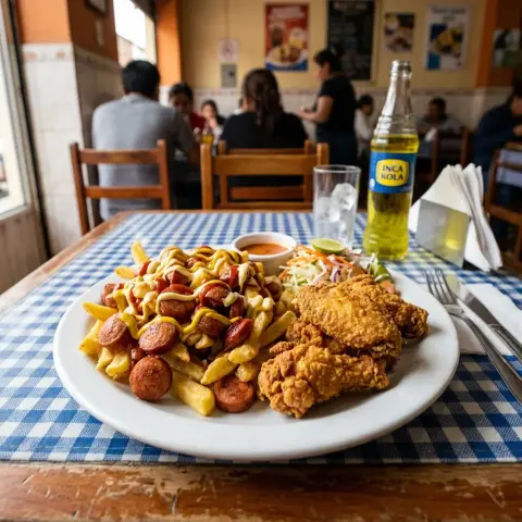 Salchipapa y alitas broaster para el almuerzo