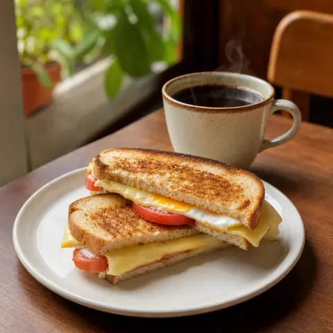 Desayuno completo con café y sándwich